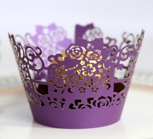 Lace hollow cupcake wrapper with purple laser-cut rose petals for dessert table decoration