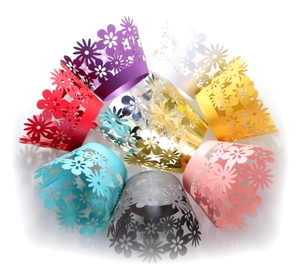 Colorful laser cut floral cupcake wrappers made of premium pearlescent paper set