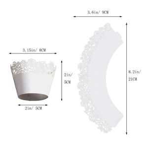 White laser cut floral paper cupcake wrappers with elegant lace patterns and sizing guide