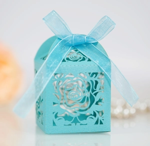Detail of laser-cut rose hollow gift box in sky blue cardstock with sheer ribbon bow
