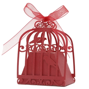 Red birdcage laser cut paper candy box with ribbon for wedding party favors