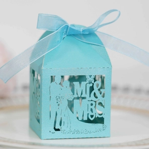 Laser cut Mr & Mrs tiffany blue wedding candy box with light blue ribbon on ceramic tray