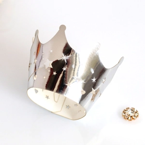 Silver laser-cut crown cake wrapper with hollow stars and hearts for party decoration
