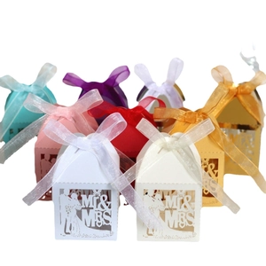 Laser cut Mr & Mrs wedding favor boxes with ribbons in various colors for candies