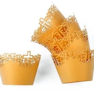 Laser Cut Cupcake Wrappers Artificial Pearl Paper Hollow Out Cross Filigree Lace For Wedding Baptism Birthday Religious Party Decoration