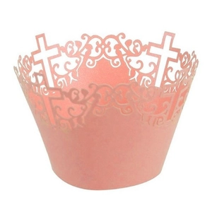Pink laser-cut cupcake wrappers with religious cross pattern and vintage lace design