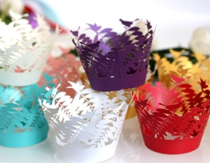 Bords de cupcake découpés au laser avec oiseaux et feuilles, divers coloris pour fête