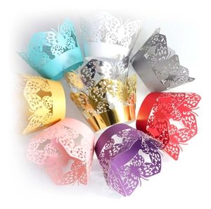 Golden butterfly laser cut hollow cupcake wrappers in multiple vibrant colors set