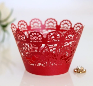 Detailed laser-cut bright red cupcake lace wrapper with elegant hollow-out floral patterns