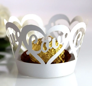 Laser cut white cupcake wrappers with heart and love pattern for wedding party decor