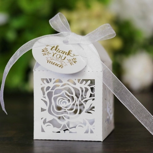 Elegant laser cut white rose gift box with silk ribbon and thank you tag for weddings