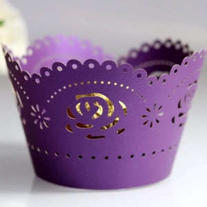 Purple laser cut rose lace cupcake wrappers for baking and wedding party decoration