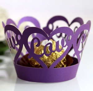 Purple laser-cut LOVE heart cupcake wrappers for elegant wedding and party decorations