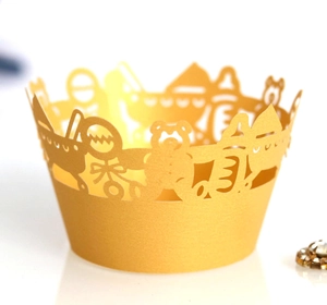 Laser cut golden baby shower cupcake wrappers featuring bear and stroller hollow patterns