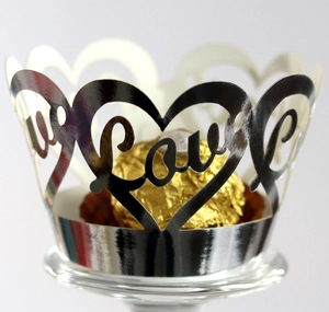Laser cut mirror silver cupcake wrapper with heart and Love pattern for wedding decor