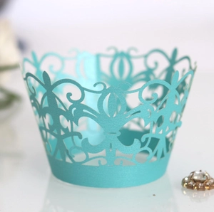 Lace laser cut cupcake wrapper in Tiffany blue for wedding cake decoration