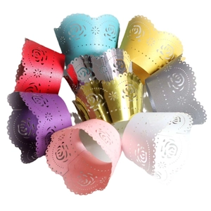 Laser cut rose hollow cupcake wrappers in multiple pearlescent colors for party decor