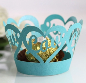 Sky blue pearlescent paper cupcake wrapper with laser cut Love and heart design