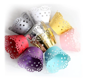 Golden crown laser cut cupcake wrappers in assorted colors for wedding cake decoration
