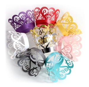 Laser cut heart LOVE cupcake wrappers in various pearlescent colors for wedding decor