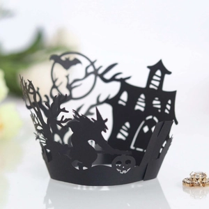Laser Cut Halloween Cupcake Wrappers Cardboard Witch Castle Pumpkin Silhouette Cake Decor For Party Supplies Dessert Accessory