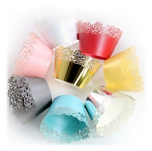 Lace hollow cupcake wrappers with laser-cut rose patterns in eight various vibrant colors