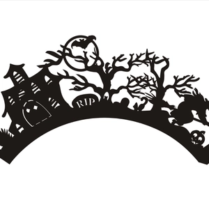 Black Halloween cupcake wrappers featuring silhouettes of witches, pumpkins, and a haunted castle