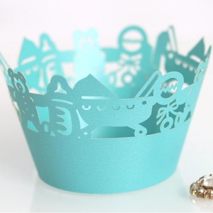 Laser Cut Artificial Pearl Paper Cupcake Wrappers Cartoon Bear Stroller Pattern Hollow Out Birthday Party Cake Decorations Baking Accessory
