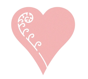 Pink heart laser cut place card with white spiral floral pattern for wine glass decoration