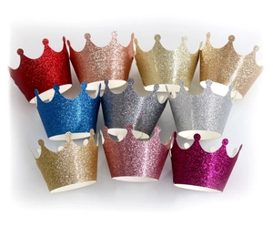 Crown shaped glitter paper cupcake wrappers in assorted colors for birthday cake decoration