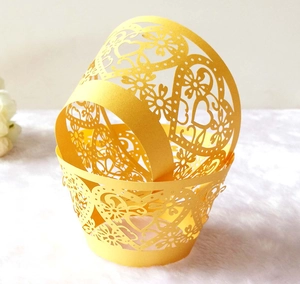 Lace hollow heart design paper cupcake wrapper in bright yellow for cake decoration
