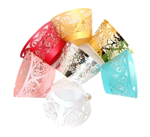 Laser-cut cupcake wrappers with heart and floral hollow designs in six assorted metallic colors