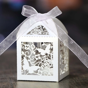 Detail of laser-cut butterfly gift box with white organza ribbon and pearl paper