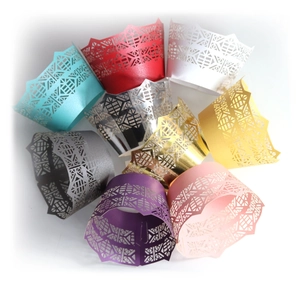 Laser cut hollow cupcake wrappers in multiple metallic and candy colors for party decor