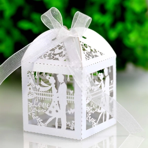 Detailed laser cut wedding candy box with Love tree pattern and white organza ribbon