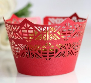 Laser cut red pearlescent cupcake wrappers with elegant geometric lace hollow patterns