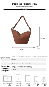 Detailed size chart of the brown canvas hobo bag with dimensions and scale comparison