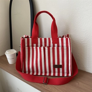 Women Casual Canvas Striped Tote Bag Large Capacity Vertical Stripe Shoulder Bag With Adjustable Strap Fashion Shopper Bag