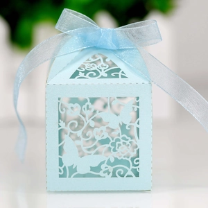 Detail of laser-cut butterfly and floral patterns on light blue pearlescent candy box
