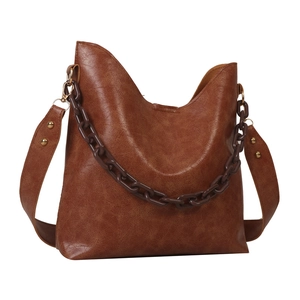 Vintage brown PU leather hobo shoulder bag with chunky chain detail and wide strap
