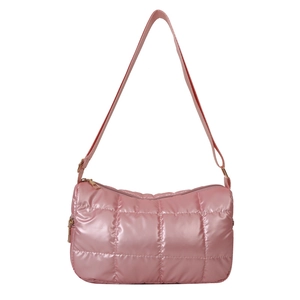 Pink quilted down-style crossbody bag with glossy finish and adjustable shoulder strap