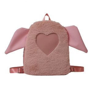 Pink plush backpack for girls with large fuzzy ears and heart detail, 2023 winter style