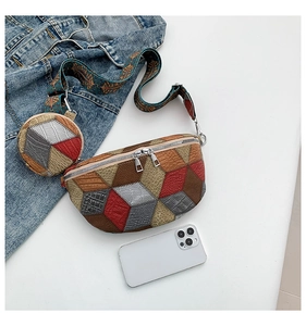 Detail of water-resistant patchwork fanny pack with round coin purse and ethnic strap