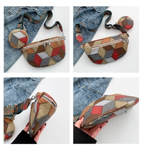 Detail view of colorful geometric patchwork waist bag with ethnic style strap and coin purse