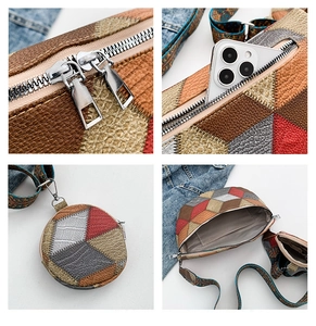 Detail view of colorful patchwork chest bag showing retro PU leather texture and zip