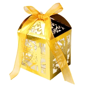 Golden laser-cut wedding candy box with Love hollow pattern and yellow silk ribbon