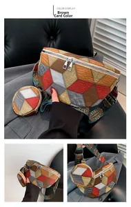 Detail of colorful geometric patchwork waist bag with embroidery strap and mini pouch