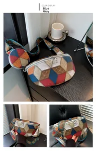 Detail of color-block belt bag featuring geometric leather patches and ethnic patterned strap