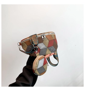 Detail of colorful patchwork waist bag with retro geometric patterns and a round coin purse
