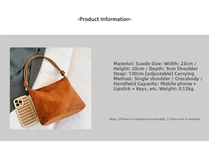 Brown faux suede tote bag showing detailed dimensions and adjustable strap length
